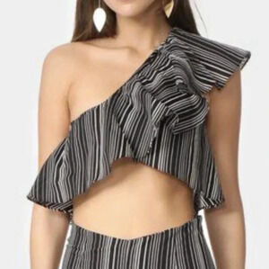 NEW For Love and Lemons One Shoulder Crop Top Striped Black White Large